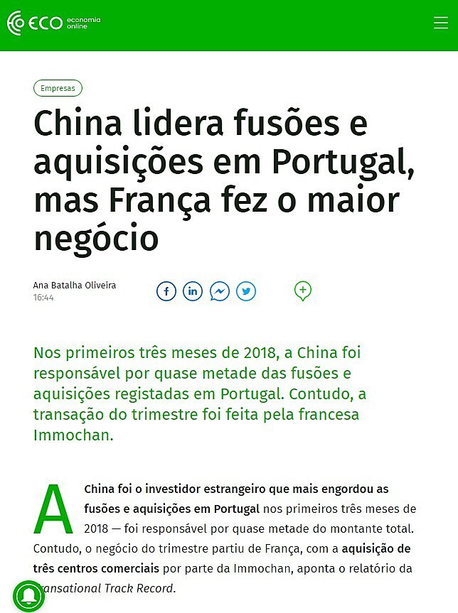 China lidera fuses e aquisies em Portugal, mas Frana fez o maior negcio